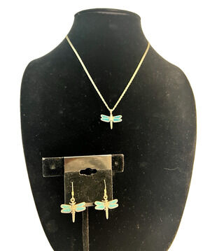 925 Sterling Silver Turquoise Navajo Dragonfly Pendant Necklace & Earrings Set